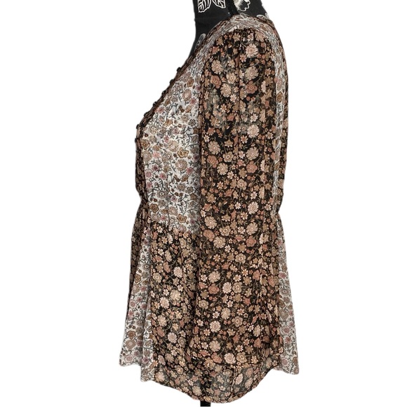 Maurice’s Vintage Boho Style Sheer Floral Blouse 3/4 Bell Sleeve Elastic Waist M - Picture 4 of 11